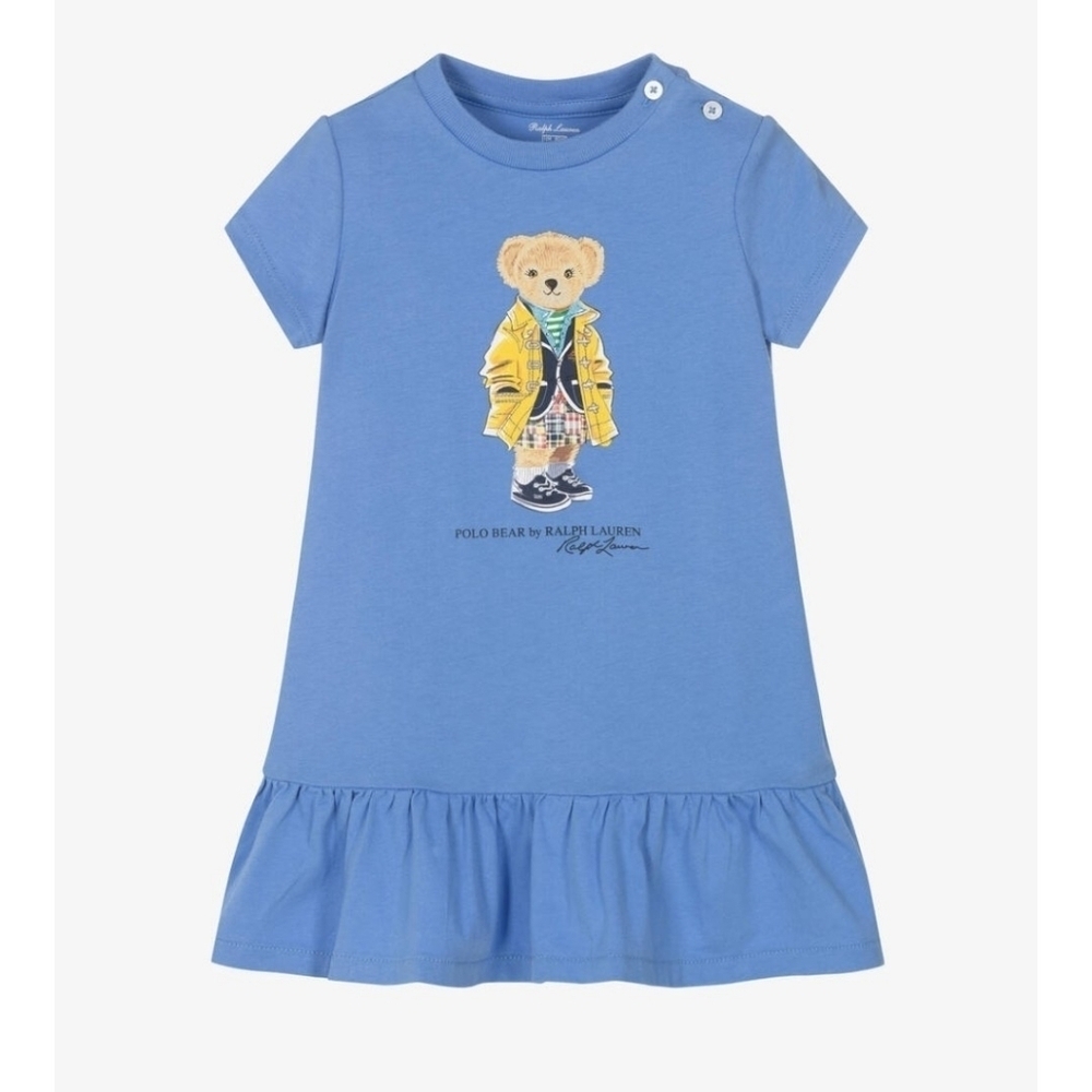 Ralph Lauren Baby Girl Blue Cotton Polo Bear Dress 6M.